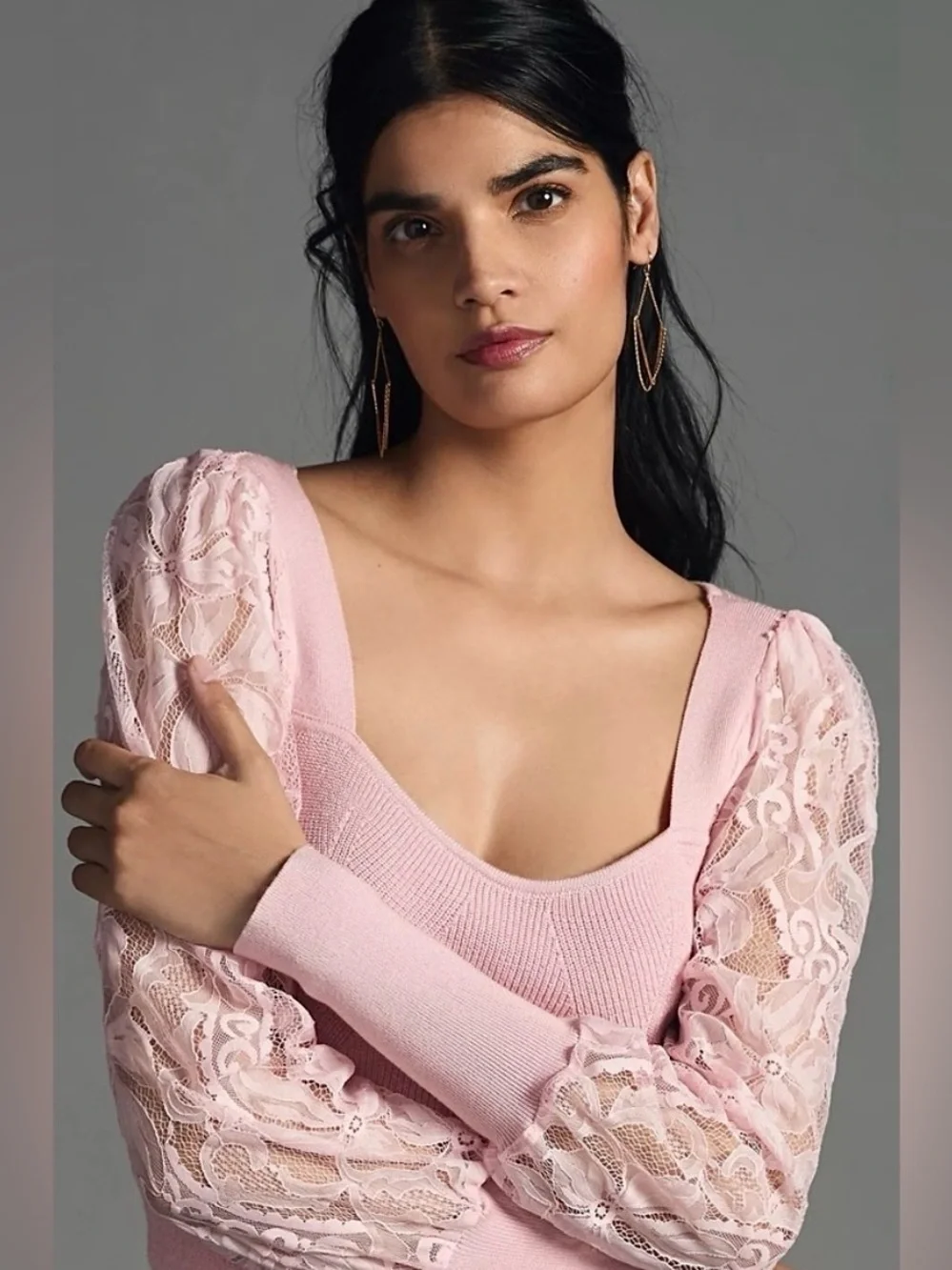 Anthropologie Ribbed Knit Top Lace Sheet Sleeves Sweetheart Neck Soft Pink Small
